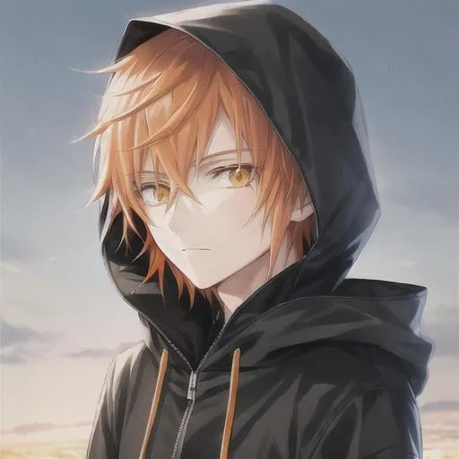 Prompt: Anime male in winter coat with hood up. 3/4 view. Short messy orange hair and orange eyes, desolate dark snowy background. Small encampment behind him 