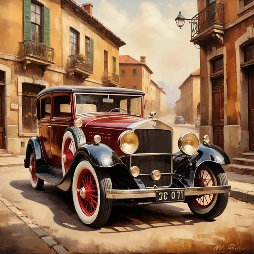 Prompt: Vintage car in an old-fashioned oil painting style, rich warm tones, detailed interior, classic elegance, glossy finish, high quality, oil painting, vintage, classic, rich warm tones, detailed interior, glossy finish, rotten and crossed 
