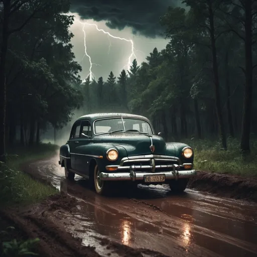 Prompt: Thundering storm in a dense forest, vintage car, ominous sky, heavy rain, lightning flashes, muddy ground, high quality, realistic, dark and moody, atmospheric lighting, vintage car, stormy weather, dense forest, ominous atmosphere, heavy rain, lightning flashes, muddy ground, vintage, vintage car, storm, intense, dramatic, dark tones