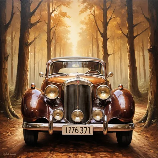Prompt: Vintage car in an old-fashioned oil painting style, detailed interior, classic elegance, rich warm tones, glossy finish, warm lighting, broken in the forest, high quality, oil painting, vintage, detailed, rich tones, classic elegance, warm lighting, corrode, detailed interior, forest setting, elegant