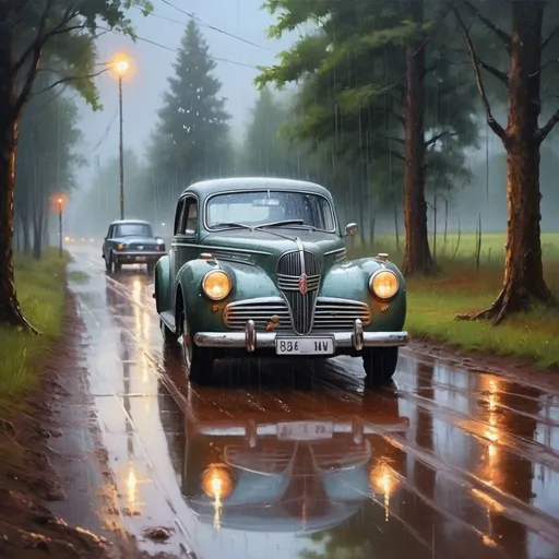 Prompt: Rainy landscape with a  vintage car, wet muddy road reflecting lights, realistic oil painting, rainy weather details, high quality, realistic, car in the rain, atmospheric lighting, with in 
forest, 