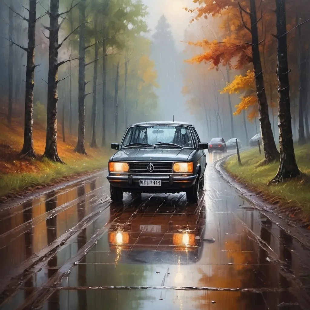 Prompt: Rainy landscape with a car, wet muddy road reflecting lights, realistic oil painting, rainy weather details, high quality, realistic, car in the rain, atmospheric lighting, autumn forest, 