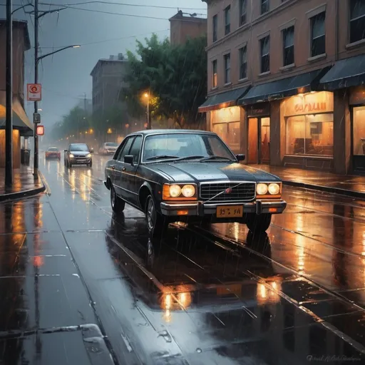 Prompt: Rainy landscape with a car, wet asphalt reflecting city lights, realistic oil painting, rainy weather details, high quality, realistic, moody, rainy, wet asphalt, city lights reflection, car in the rain, atmospheric lighting