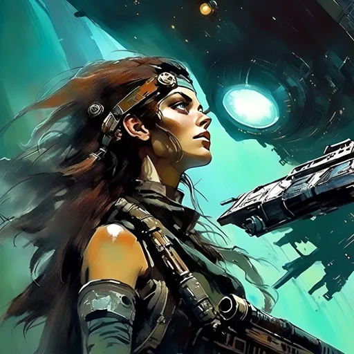 Prompt: Features woman space pirate with a rifle gazing up at mysterious rusted spaceship, detailed, highres, sci-fi, mysterious, atmospheric lighting, space pirate, spaceship, detailed eyes, futuristic, intense gaze