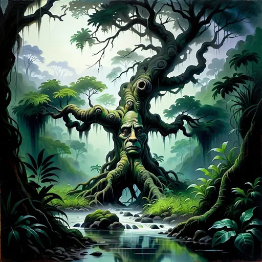 Prompt: A thick and gnarled tree with a face in a thick overgrown jungle with a path next to it and a river, twilight, just outside the jungle, misty atmosphere, dynamic brushstrokes, oil painting, gnarled jungle, eerie, vibrant greenery, lush vegetation, mysterious, high contrast, detailed foliage, professional, atmospheric lighting, oil painting, highres, gnarled jungle, misty, eerie, dynamic brushstrokes, mysterious, atmospheric lighting