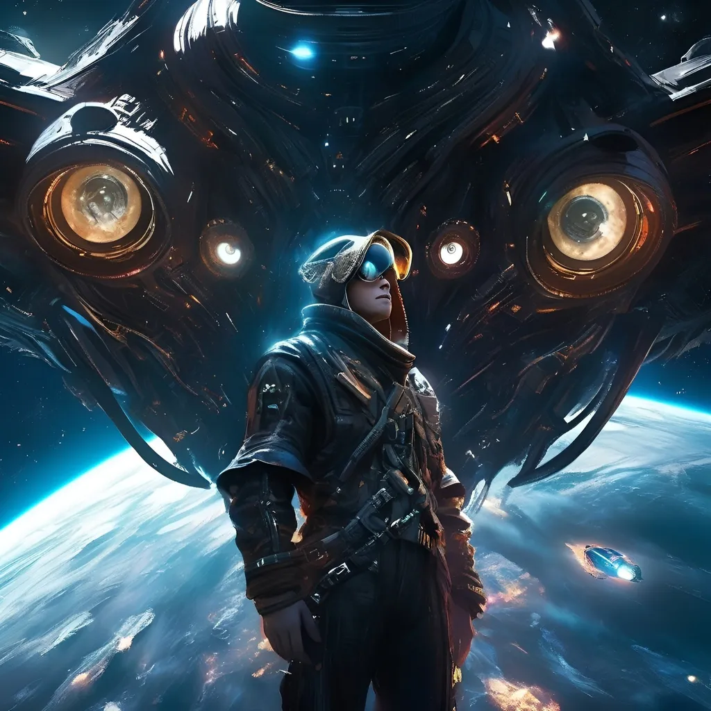 Prompt: Features space pirate gazing up at mysterious spaceship, detailed, highres, sci-fi, mysterious, atmospheric lighting, space pirate, spaceship, detailed eyes, futuristic, intense gaze