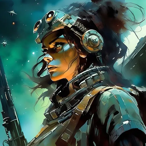 Prompt: Features woman space pirate with a rifle gazing up at mysterious rusted spaceship, detailed, highres, sci-fi, mysterious, atmospheric lighting, space pirate, spaceship, detailed eyes, futuristic, intense gaze