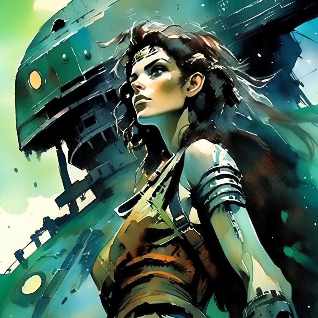 Prompt: Features woman space pirate with a rifle gazing up at mysterious rusted spaceship, detailed, highres, sci-fi, mysterious, atmospheric lighting, space pirate, spaceship, detailed eyes, futuristic, intense gaze