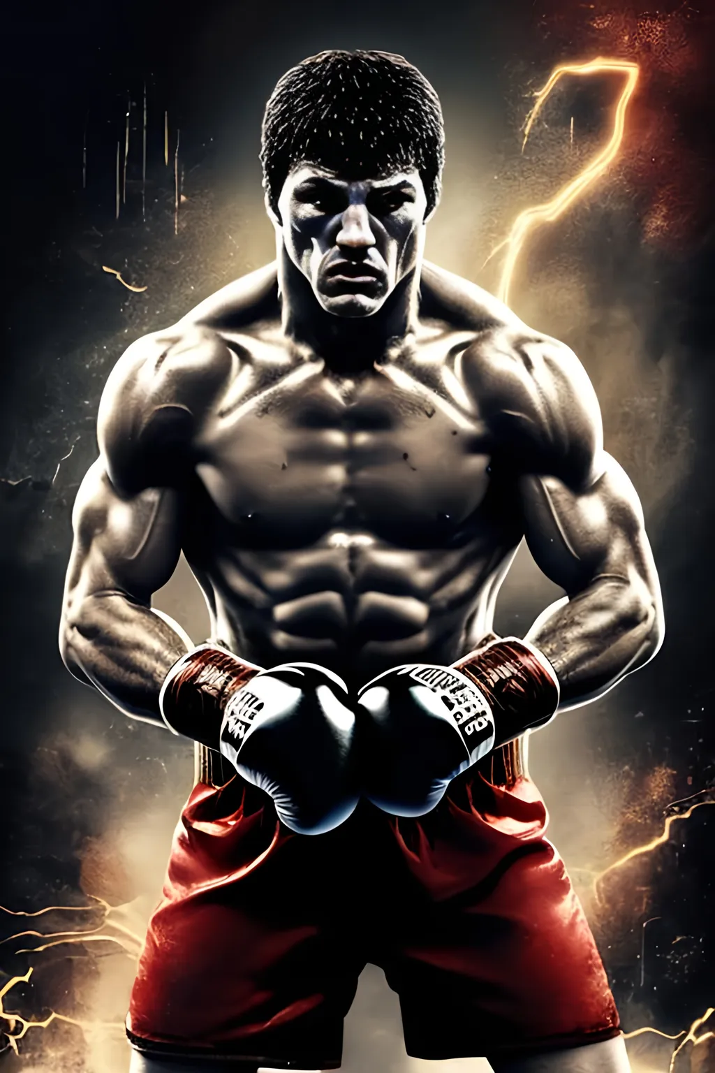 Prompt: Rocky Balboa as an extremely robust Boxing fighter on steroids, finely detailed eyes, Full body centered, ferocious pose, wearing flamboyant boxing gloves, ElectroPop 08, Edgy goth, UHD illustrative layout, 3d model hyper-realistic render, intricate angular texture style of Tom Richmond and William Etty, 