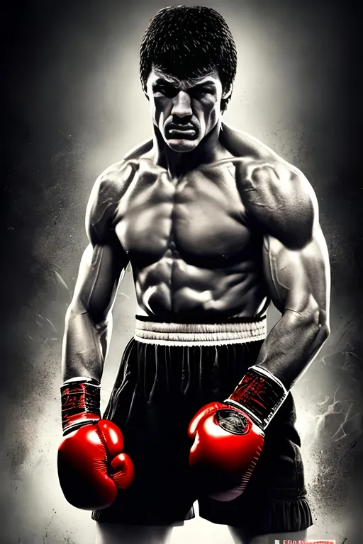 Prompt: Rocky Balboa as an extremely robust Boxing fighter on steroids, finely detailed eyes, Full body centered, ferocious pose, wearing flamboyant boxing gloves, ElectroPop 08, Edgy goth, UHD illustrative layout, 3d model hyper-realistic render, intricate angular texture style of Tom Richmond and William Etty, 