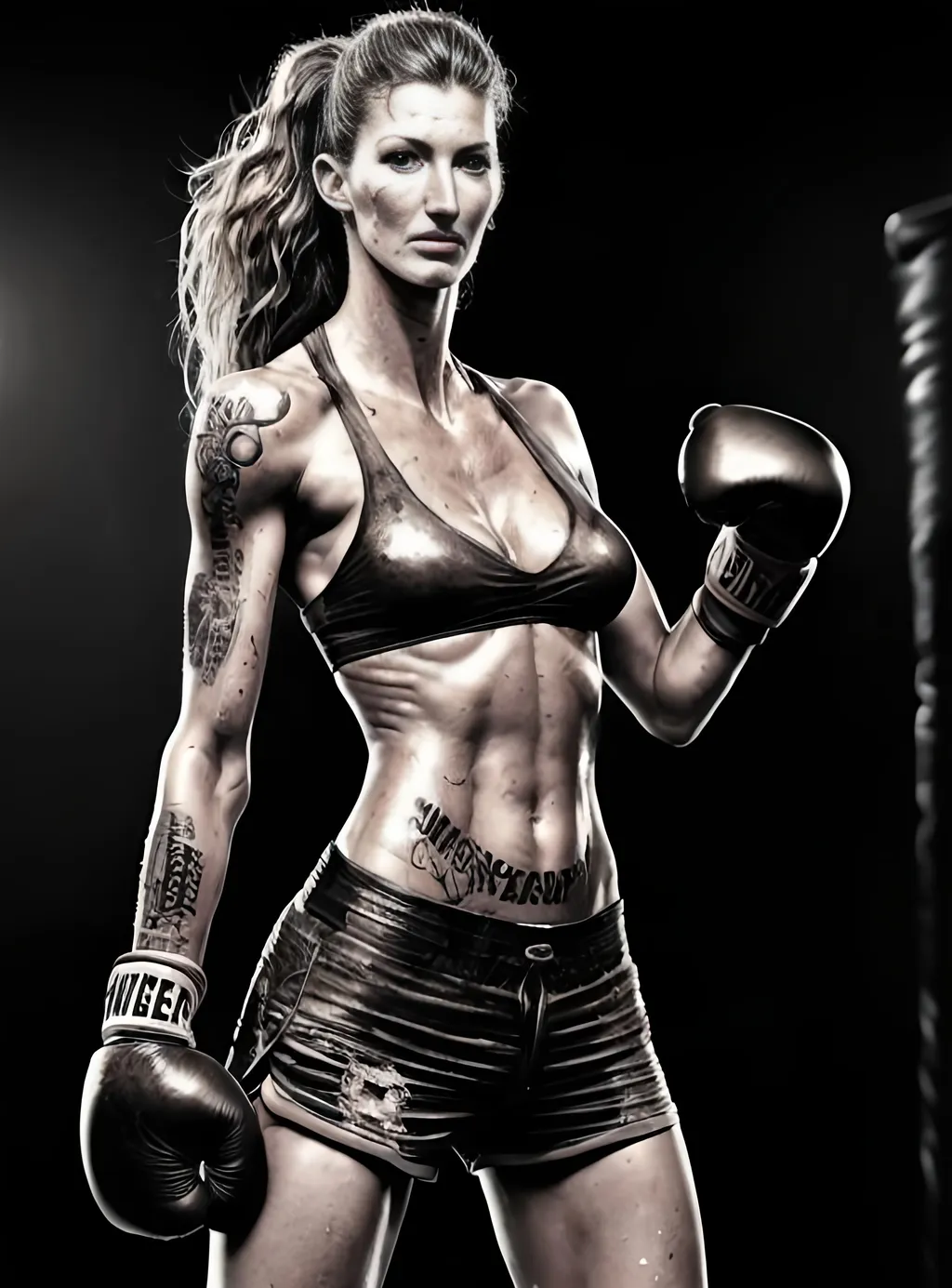 Prompt: Gisele bundchen as a hot fit boxing woman, scrapper, dreadful, wearing lustrous cute boxing gloves, extremely detailed attractive face, crystal clear extremely detailed eyes, full body, vicious action pose, professional vivid Definable tattoo art, sweaty radiant skin, scantily clad, sensual, photorealistic, Aesthetic, Epic cinematic brilliant stunning intricate, burnished texture, smooth digital art, fluid formation, Naoki Urasawa, Alex Ross, Michael Cheval