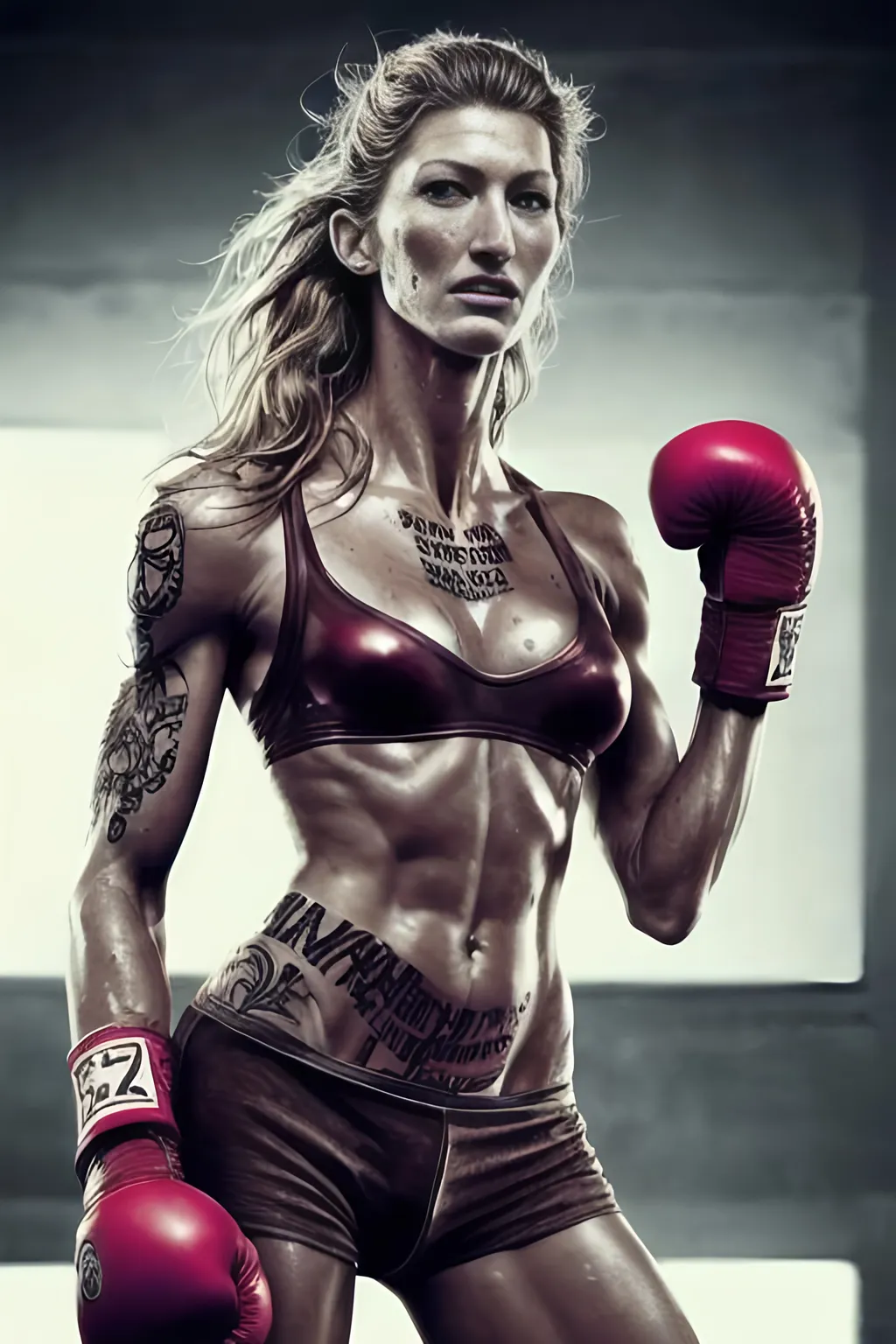 Attractive woman boxer wearing a black sports bra and red gloves