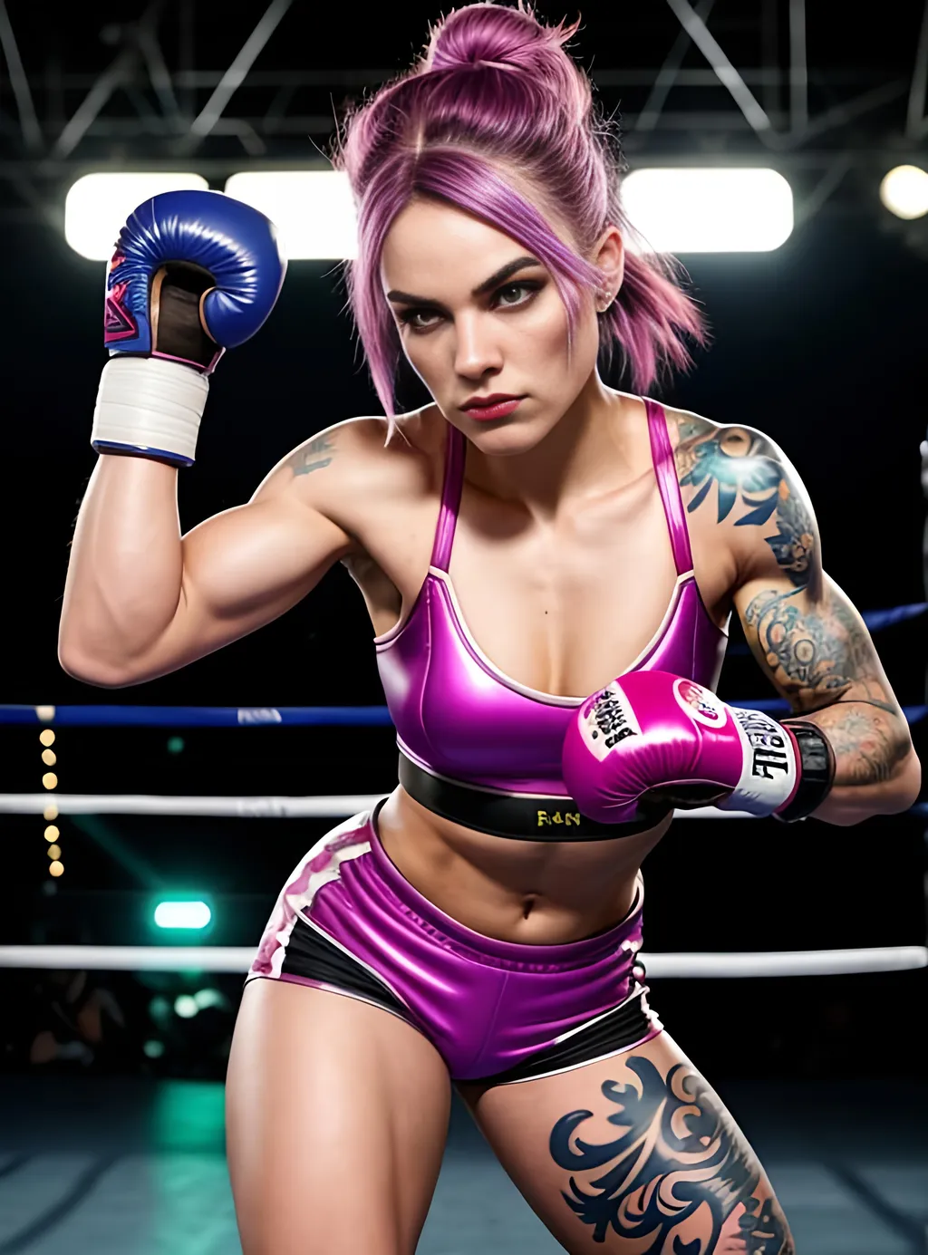 Prompt: Rogue as an insanely hot fit toned female boxer, Electro Swing, enmity, fury, wearing lustrous cute boxing gloves, extremely detailed attractive face, crystal clear extremely detailed eyes, full body vicious fight pose, vivid pastel Definable professional tattoo art minimal, sheeny radiant skin, scantily clad, sensual, micro wardrobe, photorealistic, Aesthetic, Epic cinematic brilliant stunning intricate, coarse texture, smooth digital art, hyper-realistic details, in the style of Dorian Cleavenger and Shaddy Safadi, 🎳