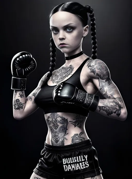 Prompt: Wednesday Addams as a hot fit boxing woman, scrapper, dreadful, wearing lustrous cute boxing gloves, extremely detailed attractive face, crystal clear extremely detailed eyes, full body, vicious action pose, professional vivid Definable tattoo art, sweaty radiant skin, scantily clad, sensual, photorealistic, Aesthetic, Epic cinematic brilliant stunning intricate, burnished texture, smooth digital art, fluid formation, Naoki Urasawa, Alex Ross, Michael Cheval