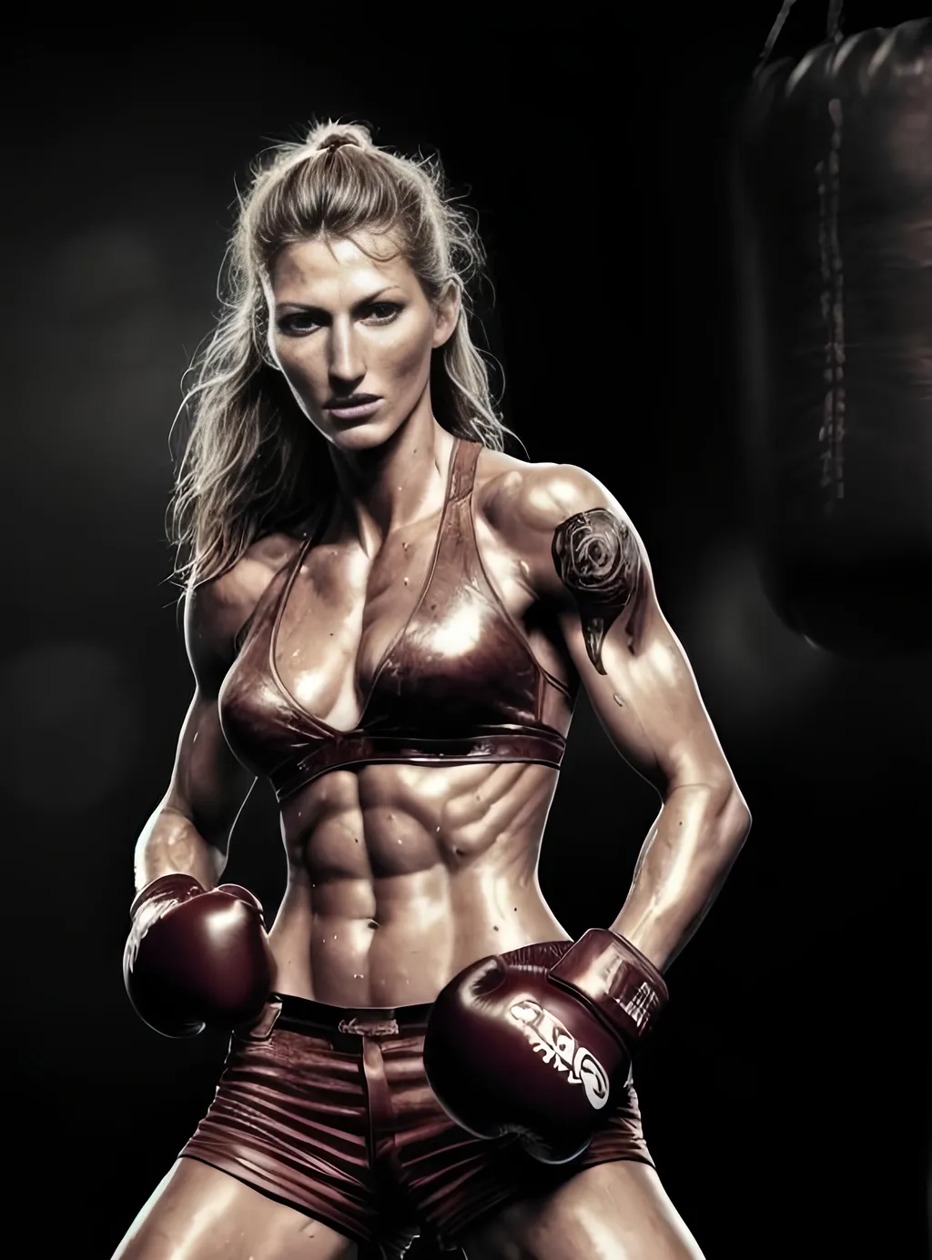 Prompt: Gisele bundchen as a hot fit boxing woman, scrapper, dreadful, wearing lustrous cute boxing gloves, extremely detailed attractive face, crystal clear extremely detailed eyes, full body, vicious action pose, professional vivid Definable tattoo art, sweaty radiant skin, scantily clad, sensual, photorealistic, Aesthetic, Epic cinematic brilliant stunning intricate, burnished texture, smooth digital art, fluid formation, Naoki Urasawa, Alex Ross, Michael Cheval