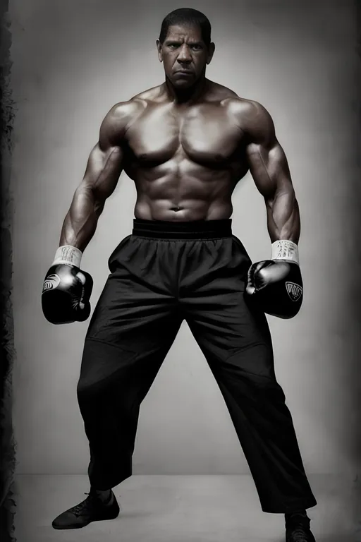Prompt: Denzel Washington as a extremely ripped Boxing fighter on steroids, Full body centered, mug pose, wearing classy boxing gloves, Edgy, gothic, UHD illustrative layout 4d, realism, intricate acute texture, finely detailed eyes, style of Feng Zhu and William Etty