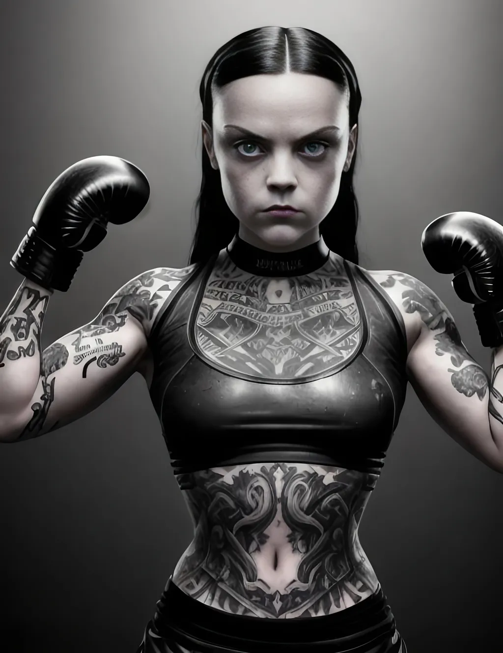 Wednesday Addams as a hot fit boxing woman, scrapper