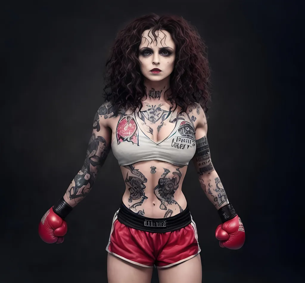 Prompt: Bellatrix Lestrange as a hot athletic boxing woman, scrapper, dreadful, wearing lustrous cute boxing gloves, extremely detailed attractive face, crystal clear extremely detailed eyes, full body, vicious fight pose, professional vivid Definable color tattoo art moderately, sheeny radiant skin, scantily clad, sensual, photorealistic, Aesthetic, Epic cinematic brilliant stunning intricate, burnished texture, smooth digital art, hyper-realistic details, Naoki Urasawa, Alex Ross, Michael Cheval