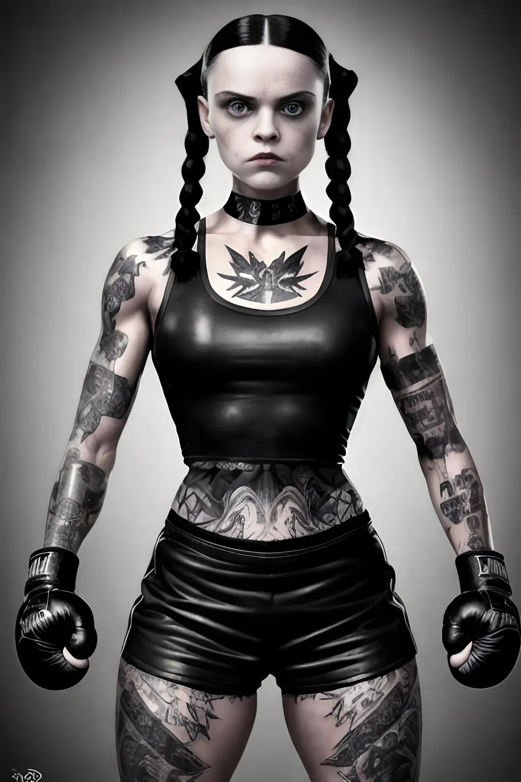 Wednesday Addams as a hot fit boxing woman, scrapper