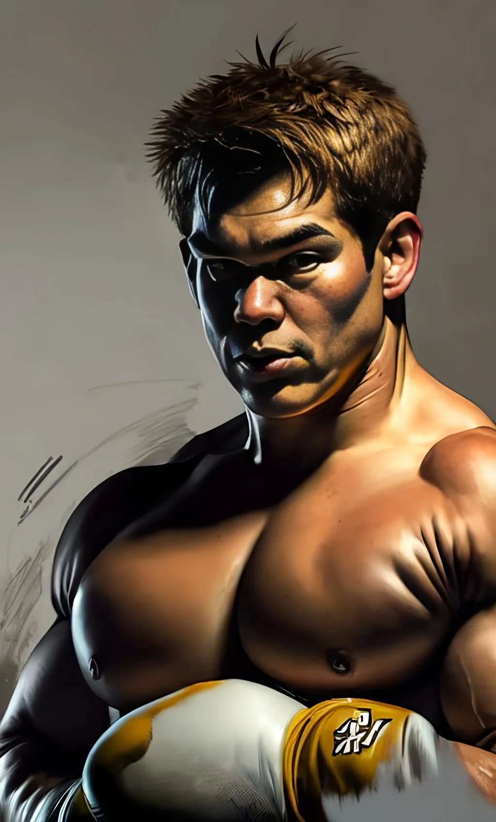 Prompt: Garfield as an extremely robust Boxing fighter on steroids, finely detailed eyes, Full body centered, ferocious pose, wearing classy boxing gloves, Edgy goth, UHD illustrative layout, 3d model, realism, intricate angular texture style of Tom Richmond and William Etty, 