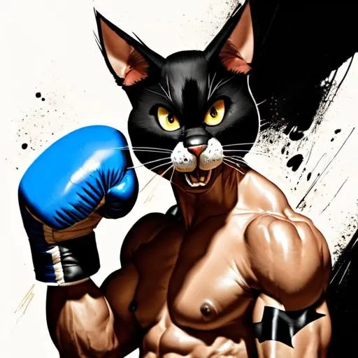 Prompt: Sylvester the cat from Looney Tunes, as an extremely robust Boxing fighter on steroids, finely detailed eyes, Full body centered, ferocious pose, wearing flamboyant boxing gloves, ElectroPop 08, Edgy goth, UHD illustrative layout, 3d model hyper-realistic render, intricate angular texture style of Tom Richmond and William Etty, 