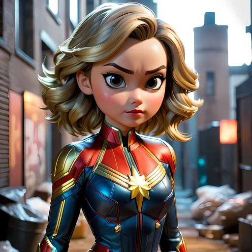 Prompt: Captain Marvel with a tiny cute fit seductive_x_rated body and adorable big head, in a dark alley, cinematic, B movie, hot and heavy, physically gratifying,