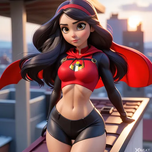 Prompt: Violet Parr with a tiny cute fit body and adorable big head, on the rooftop, x_rated, delightful, revealing