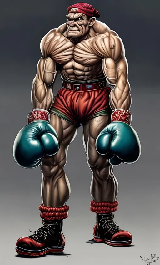 Prompt: Popeye as a extremely Muscular Boxing fighter on steroids, Full body, ruffian pose, wearing gaudy boxing gloves, rococo eyes, southern gothic, disgust, UHD illustrative layout 4d, realism, textured intricately, finely detailed, style of Sam Kieth and Mahesh Nambiar