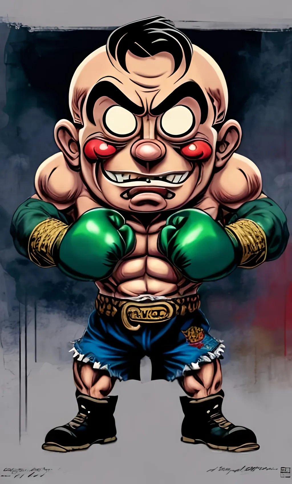 Prompt: Popeye as a extremely Muscular Boxing fighter on steroids, Full body, ruffian pose, wearing gaudy boxing gloves, rococo eyes, southern gothic, disgust, UHD illustrative layout 4d, realism, textured intricately, finely detailed, style of Sam Kieth and Mahesh Nambiar