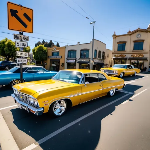 Prompt: Sunny san jose urban vibe with 2 lowrider themed vehicles. One a 63 chevy impala hoping with hydraulics and the other a 67 chevy truck. Both cars are facing a street sign in the middle that depicts the streets of King rd. and Story rd.