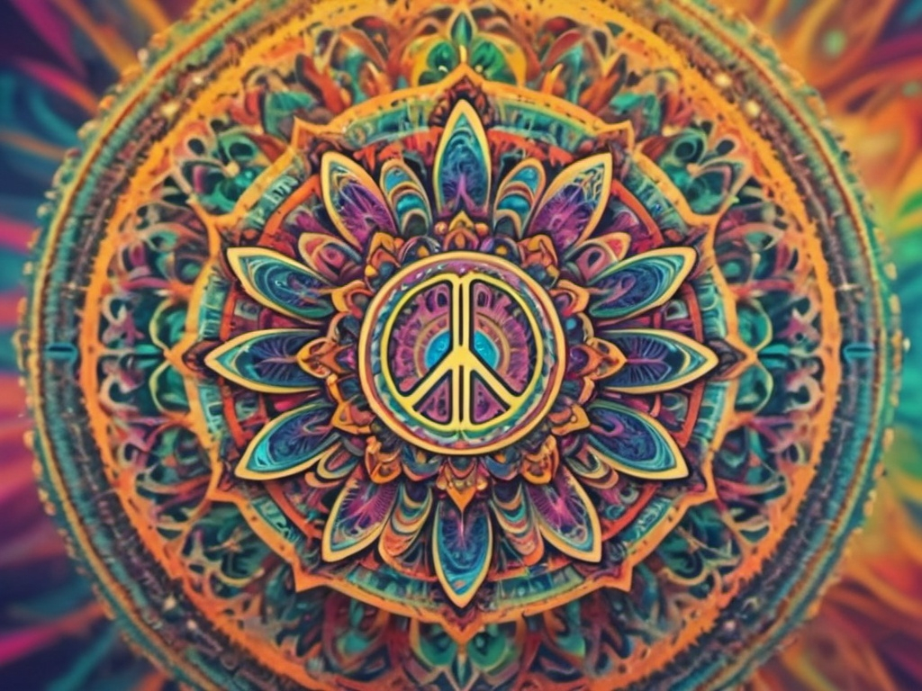 Prompt: Peace sign mandala with large speakers LSD style