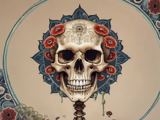 Prompt: A painting of a skeleton with mushrooms coming out of mouth and eyes with a mandala background