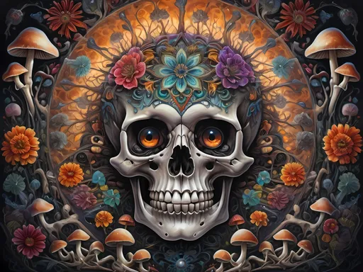 Prompt: A painting of a skeleton with mushrooms coming out of mouth and eyes with a mandala background