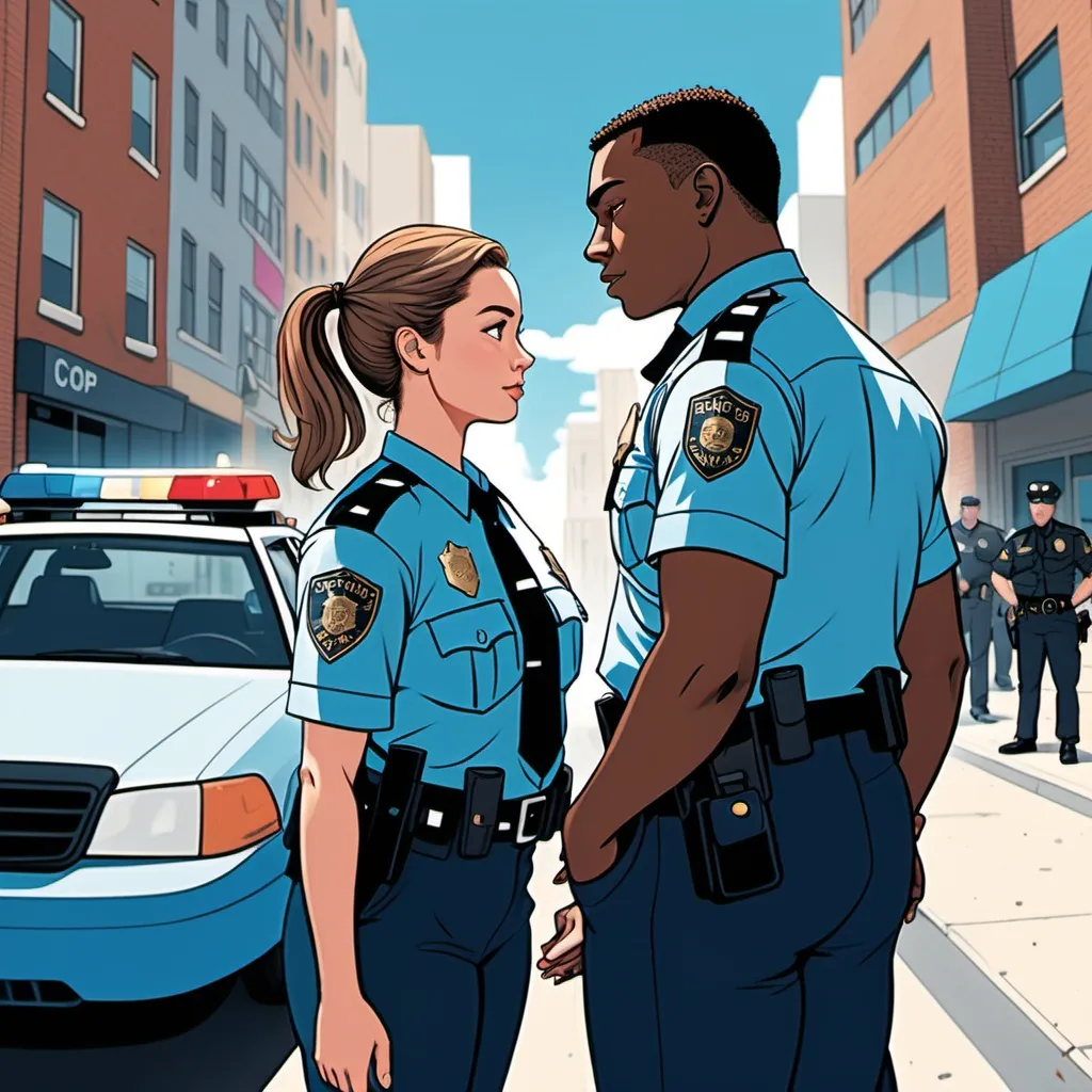 Prompt: illustration of a male cop and a female cop standing in the foreground as the main characters, amh trms folded and their backs to each other, female is eccentric, behind them is  the scene of a modern city street at noonday, the blue sky above, bright and clear,  and at the background is a police car.