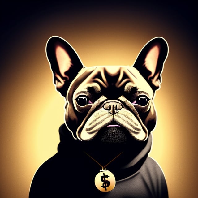 Prompt: Detailed illustration of a Tan French Bulldog with a black mask on a coin similar to Pepe and dogecoin, sleek and modern rendering, high-quality logo, cryptocurrency theme, detailed fur with reflections, focused and alert gaze, professional design, futuristic background, sleek and modern, cryptocurrency logo, highres, detailed rendering, modern art style, professional, futuristic, detailed eyes, sleek design, atmospheric lighting, galaxy background