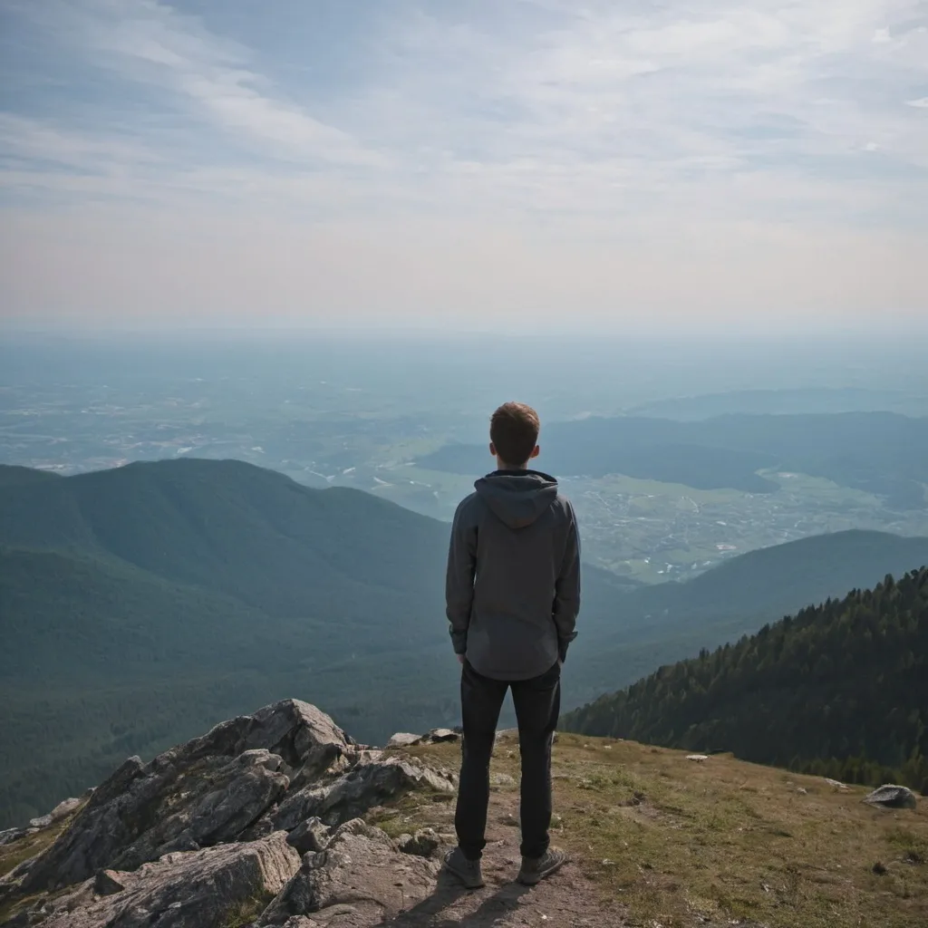 Prompt: a young man is admiring the view from the top of a mountain