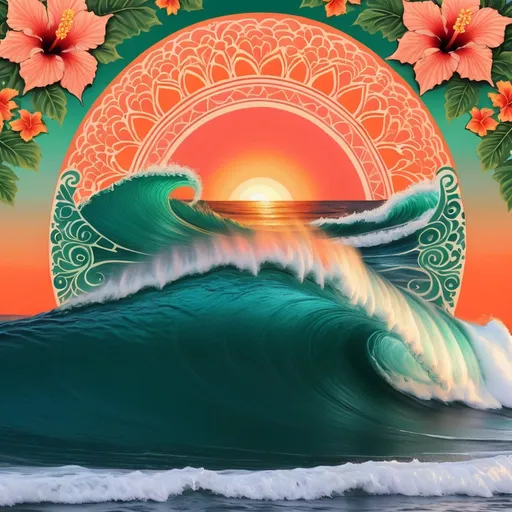 Prompt: mandala, coral, emerald sea, wave, maui, Surf, orange sunset, hibiscus