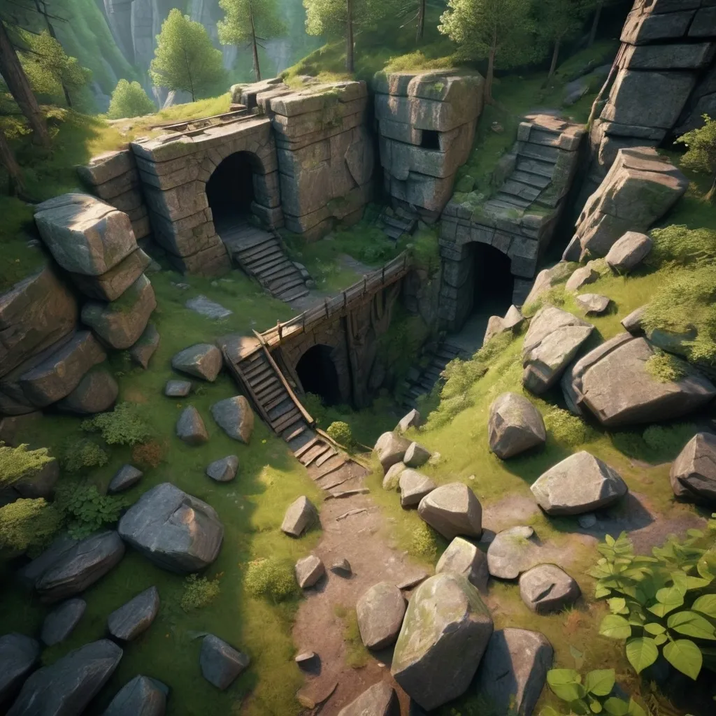 Prompt: close to sunset, within a steep and high rocky mountain slope lies a mysterious finely stone-mased and lightly ornated entry of an ancient long ago abandond dwarfen mine surrounded by a dense dark green forest, 45° view from above, high quality, unreal engine