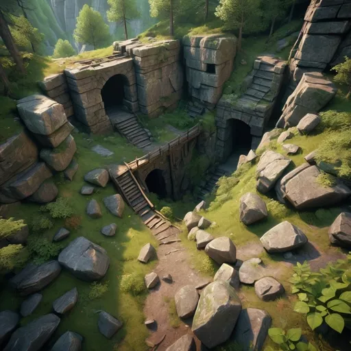 Prompt: close to sunset, within a steep and high rocky mountain slope lies a mysterious finely stone-mased and lightly ornated entry of an ancient long ago abandond dwarfen mine surrounded by a dense dark green forest, 45° view from above, high quality, unreal engine