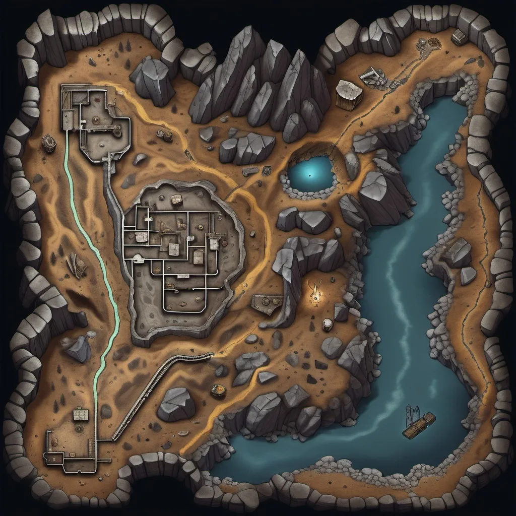 Prompt: A top-down map of an abondend dwarfen mine reaching deep into the mountin and having several dead end threats. one threat leads into a big room that contains a dark altar , 2d dnd battlemap, highly details, 8k