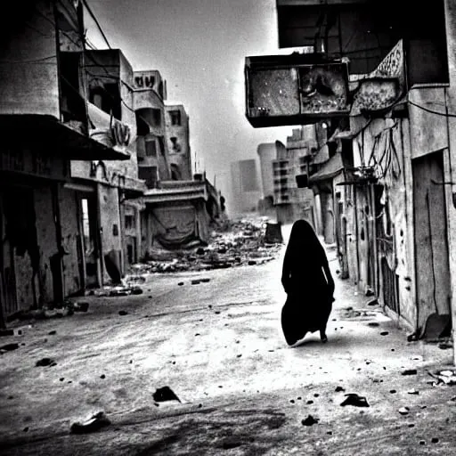 Prompt: The post-apocalyptic city was a bleak, oppressive place, where the conditions of life were miserable and oppressive. The young woman made her way through the dust-covered streets, her bedouin clothes the only splash of color in a world that had long since lost its vibrancy. As she approached the center of town, a feeling of foreboding washed over her. Something was not right in this dystopian world. As she turned a corner, she was confronted with a mural of a desolate, post-human future, the work of the artist Neil Gaiman