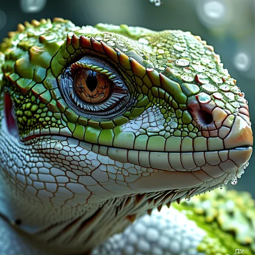 Prompt: (masterpiece), (best quality), (ultra-detailed), This is a close up of a face of a reptile.  The reptile has green eyes and a white body.  Its head and neck are covered in hexagonal cracks.  There are water droplets on the eyes.,(double exposure portrait photo:1.4), (primary color tones:1.2), (underexposed:1.2), (matte finish:1.2), light leaks, high detail, soft focus, natural light, dynamic lighting, expressive, artistic, ethereal, contemplative, serene, 85mm lens, f/1.8, vibrant, layered textures, dreamy, nostalgic, illustration, disheveled hair, detailed eyes, perfect composition, moist skin, intricate details, earrings, by wlop