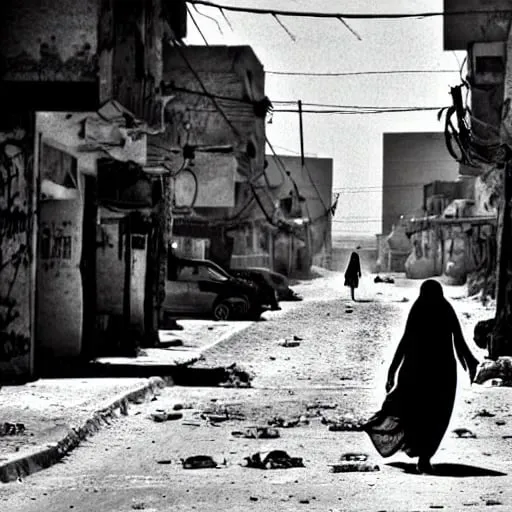 Prompt: The post-apocalyptic city was a bleak, oppressive place, where the conditions of life were miserable and oppressive. The young woman made her way through the dust-covered streets, her bedouin clothes the only splash of color in a world that had long since lost its vibrancy. As she approached the center of town, a feeling of foreboding washed over her. Something was not right in this dystopian world. As she turned a corner, she was confronted with a mural of a desolate, post-human future, the work of the artist Neil Gaiman