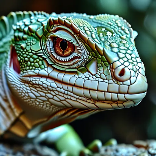 Prompt: (masterpiece), (best quality), (ultra-detailed), This is a close up of a face of a reptile.  The reptile has green eyes and a white body.  Its head and neck are covered in hexagonal cracks.  There are water droplets on the eyes.,(double exposure portrait photo:1.4), (primary color tones:1.2), (underexposed:1.2), (matte finish:1.2), light leaks, high detail, soft focus, natural light, dynamic lighting, expressive, artistic, ethereal, contemplative, serene, 85mm lens, f/1.8, vibrant, layered textures, dreamy, nostalgic, illustration, disheveled hair, detailed eyes, perfect composition, moist skin, intricate details, earrings, by wlop