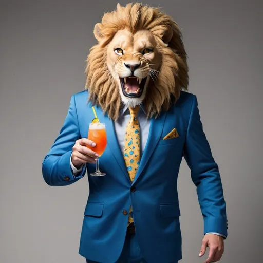 Prompt: image text "Peter", Peter::  , Thirsty full body happy human Lion in blue suit standing and holding one drink in claws