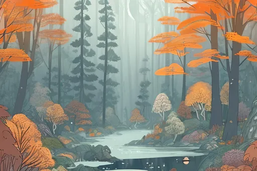 Prompt: highly detailed illustration of a Scandinavian forest during the autumn season, inspired by the whimsical and ethereal style of Studio Ghibli. Capture the rich, vibrant colors of the fall foliage, the play of light and shadow among the trees, and the sense of magic that permeates the forest. Make sure to include a sense of tranquility and wonder in the scene, with hints of mystical creatures or hidden secrets waiting to be discovered. 4k