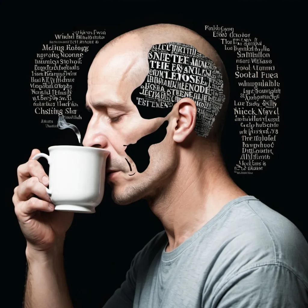 Prompt: a man sipping tea, eyes closed words coming out of his skull