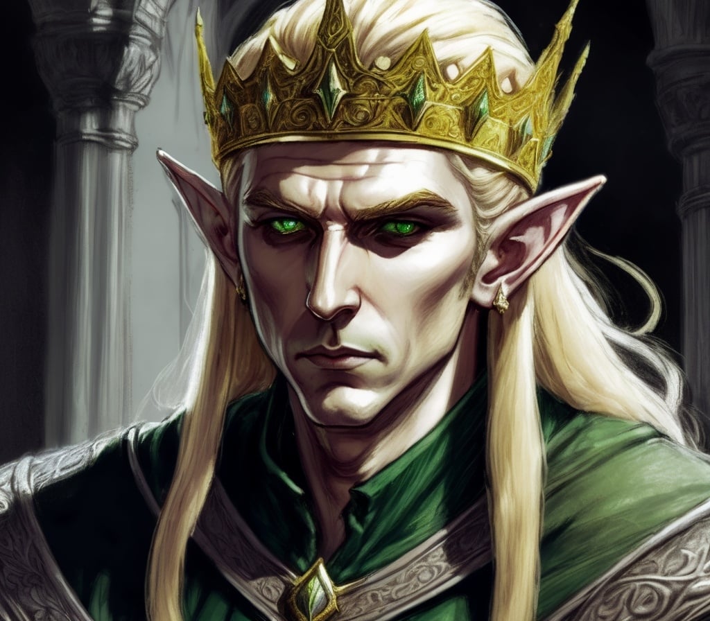 Prompt: Sketch of a blonde Elf King, serious expression, gold crown, Dungeons and Dragons Art, detailed pencil texture, serious demeanor, light green-greyish eyes, from a bottom angle, dictator, muted colors, intricate pencil details, high detail, professional art style, dark and intense lighting