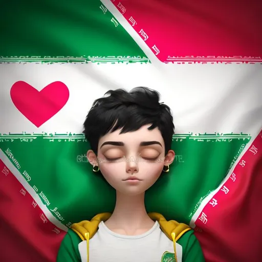 Prompt: Beautiful girl with short black hair, pink jacket, green t-shirt, golden heart earrings, closed eyes, sleeping on Iran flag, high-quality, detailed, realistic, sleeping beauty, Iranian flag, peaceful, soft lighting, casual style, flag background
