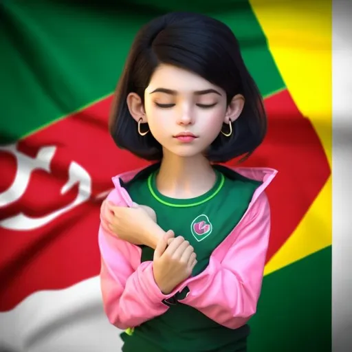 Prompt: A beautiful girl with pink jacket,green T-shirt under jacket,golden heart earrings,short black hair,closed eyes,sleeping on Iran flag